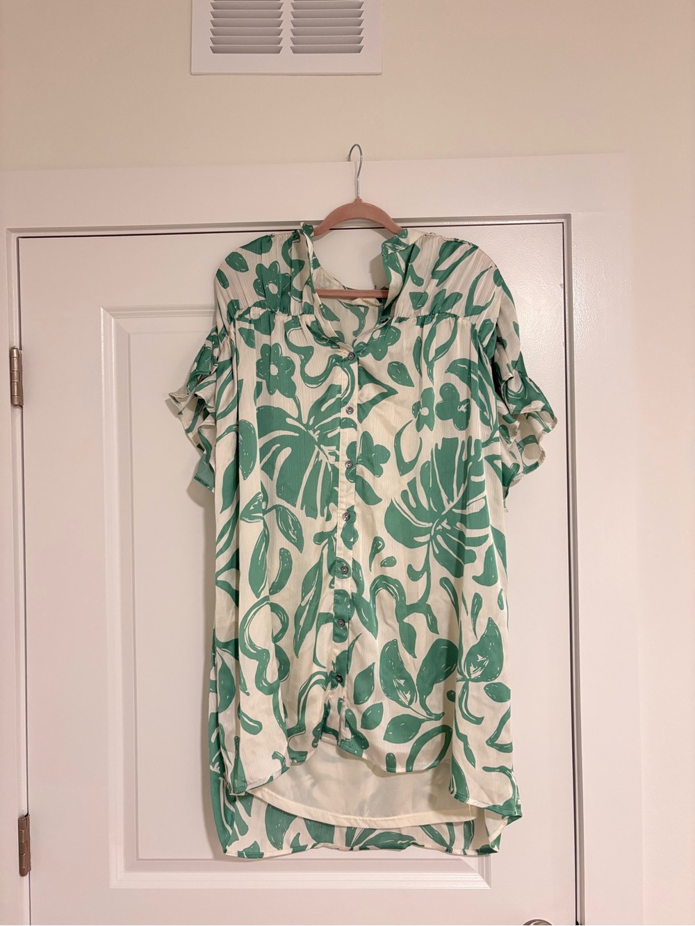 Green Floral Button-Front Womens Top